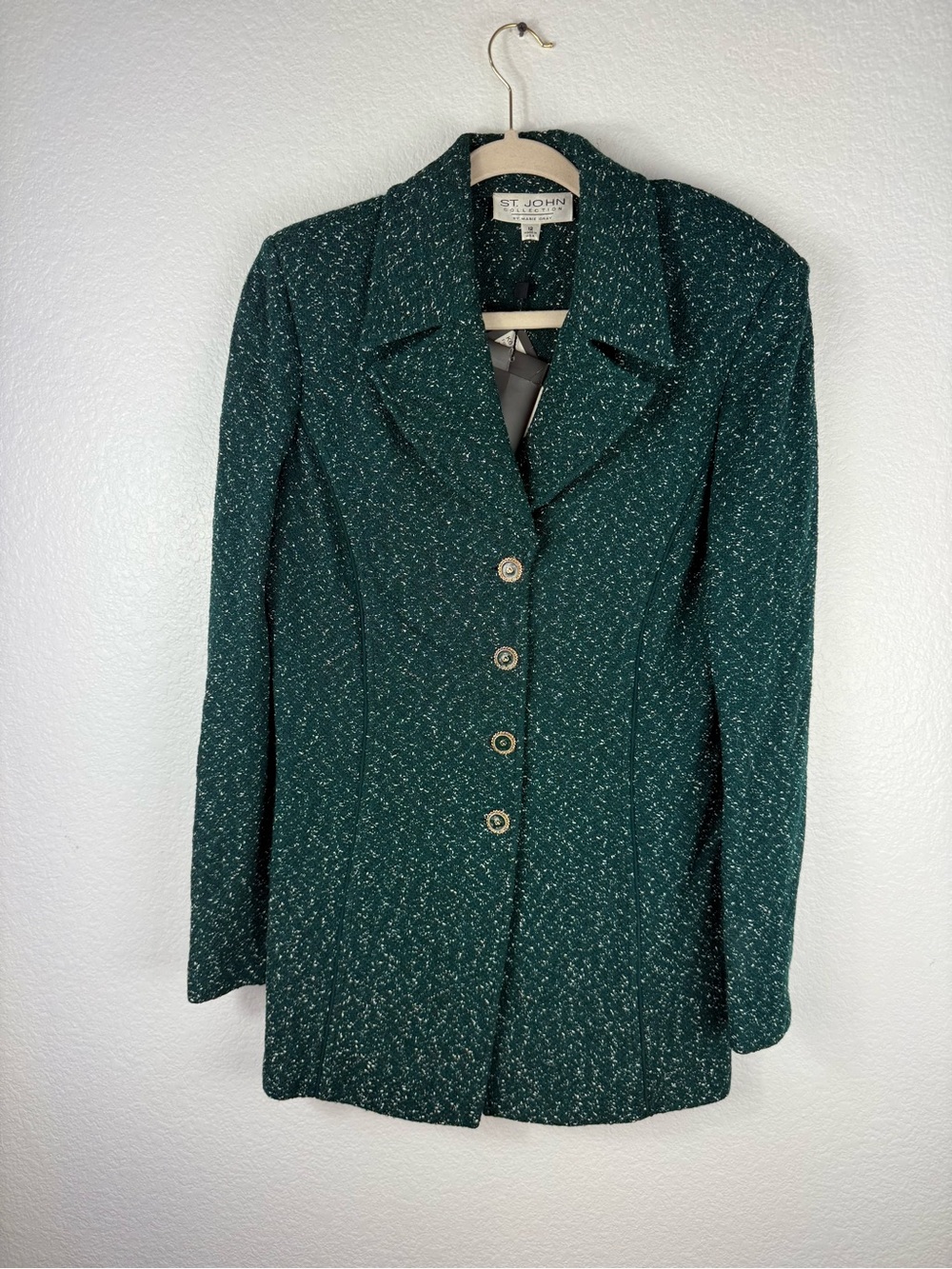 St. John Forest Green long sweater cardigan with gold buttons size 12